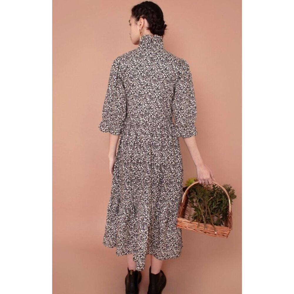 MEADOWS Sz 6 UK 2 US Black White Floral Clematis Dress High Neck Fall 3/4 Sleeve - Picture 14 of 15